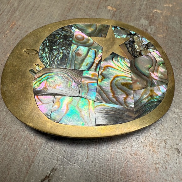 Vintage Handmade Brass and Abalone Belt Buckle - Picture 2 of 4